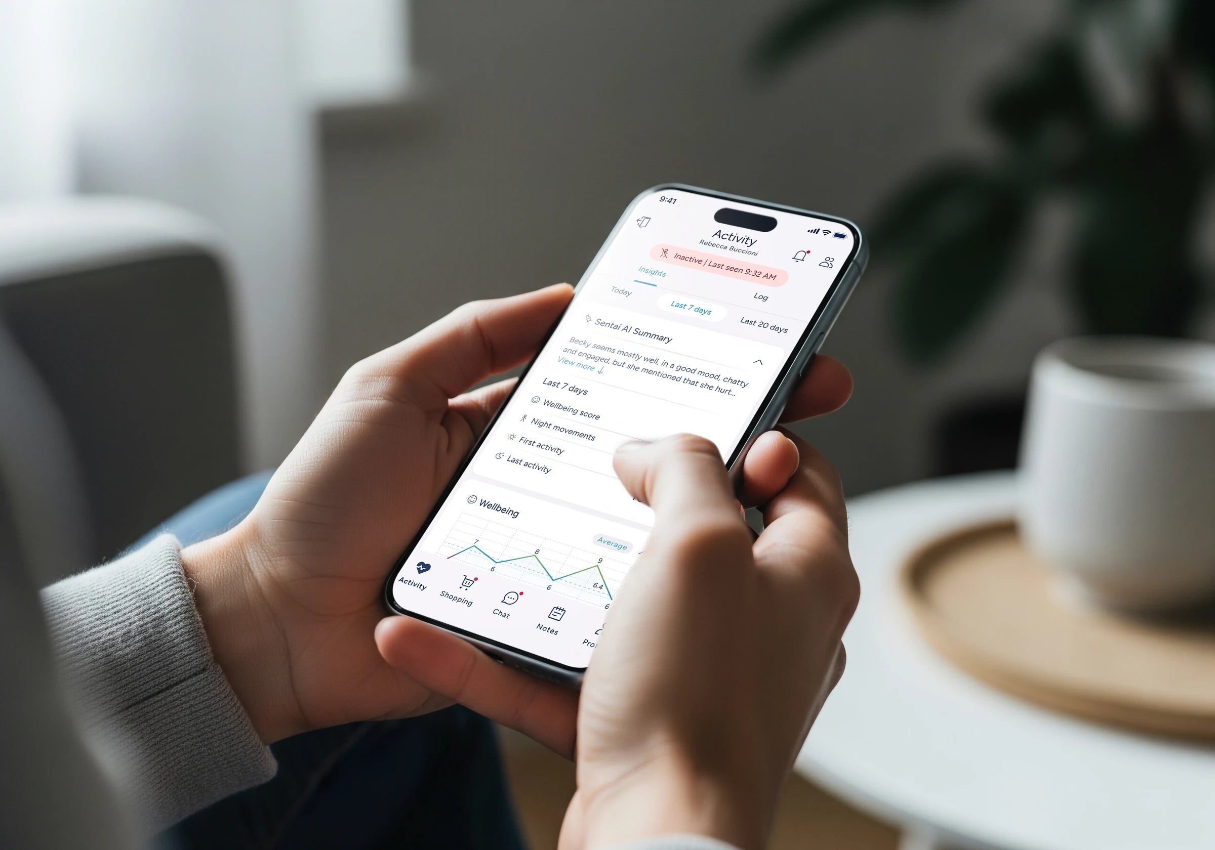 The Sentai family app showing daily activity and wellbeing information